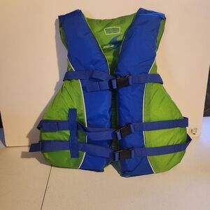 Adult Life Jacket PFD Buckles Fishing Boating Beach Green Blue 90 Lbs+ Universal